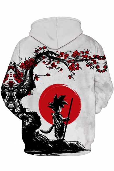 Cool 3D Floral Comic Character Printed Long Sleeve Loose Casual White Hoodie