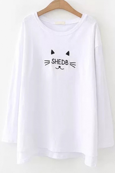 Cute Cartoon Cat Letter SHEDB Embroidered Round Neck Long Sleeve White Loose T-Shirt