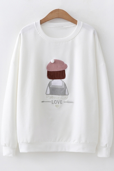 Cute Sweet Long Sleeve Round Neck Letter Cartoon Figure Printed Regular Fitted Sweatshirt