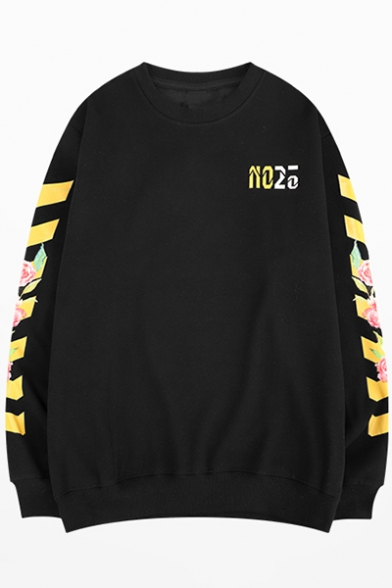 Guys Hip Hop Fashion Floral Letter Striped Printed Crew Neck Long Sleeve Oversize Pullover Sweatshirt