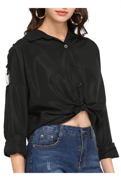 Hot Trendy Feather Wing Embellished Sheer Back Long Sleeve Lapel Collar Button Down Knot Front Cropped Black Shirt