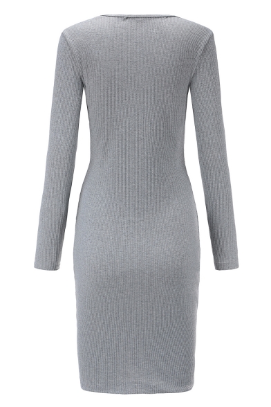 Ladies Graceful Chic Twist V-Neck Long Sleeve Simple Plain Mini Grey Knit Pencil Dress