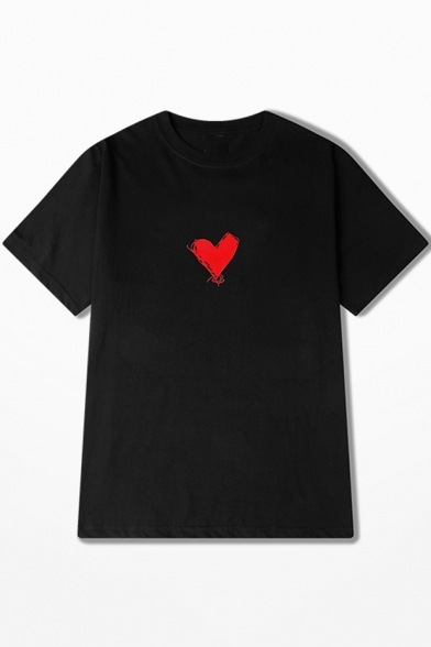 Men's Basic Simple Heart Printed Round Neck Loose Cotton T-Shirt