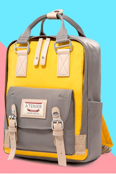 New Stylish Colorblock Buckled Design Canvas School Bag Backpack for Students 25*10*36cm