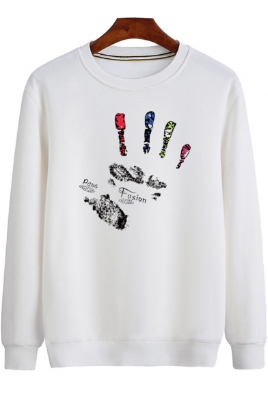 New Stylish Painted Palm Printed Crew Neck Long Sleeve Regular Fitted Cotton Pullover Sweatshirt