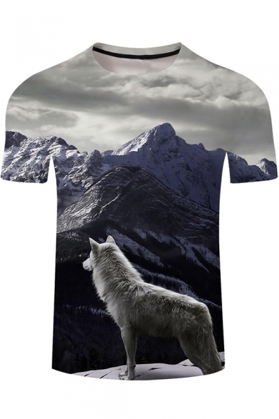 New Trendy 3D Wolf Printed Grey Short Sleeve Crewneck Fitted T-Shirt