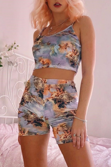 Sexy All Over Angel Printed Elastic Waist Gray Skinny Shorts