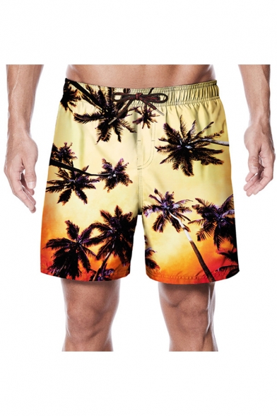 Summer Coconut Palm Print Men's Drawstring Waist Beach Yellow Swim Shorts with Pocket