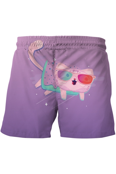Summer Purple Cute Cartoon Cat Print Drawstring Waist Men's Beach Swim Trunks