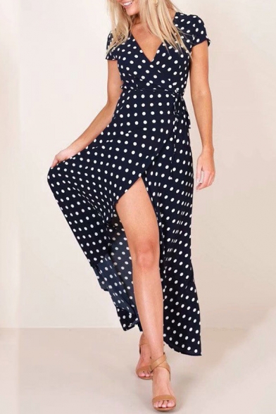 Summer's Vintage Polka Dot Printed Short Sleeve V-Neck Split Front Maxi A-Line Dress