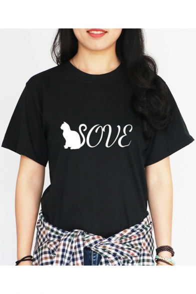 Unique Cartoon Cat Letter LOVE Print Crewneck Short Sleeve Relaxed T-Shirt