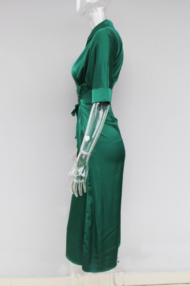 Women's Vintage Green Lapel Collar Lace-Up Gathered Waist Plain Midi A-Line Shirt Dress