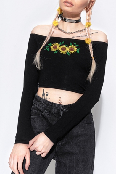 Black Long Sleeve Off The Shoulder Floral Embroidered Cotton Cropped Tee