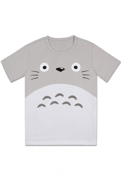 Cartoon Cute Totoro Pattern Basic Round Neck Grey T-Shirt