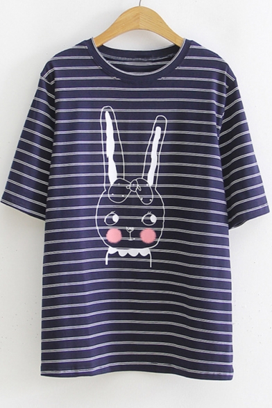 Cartoon Rabbit Round Neck Short Sleeve Loose Cotton Striped T-Shirt