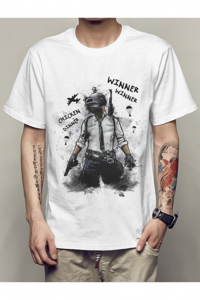 Cool Game Figure Printed Short Sleeve Crewneck Men's Casual White T-Shirt