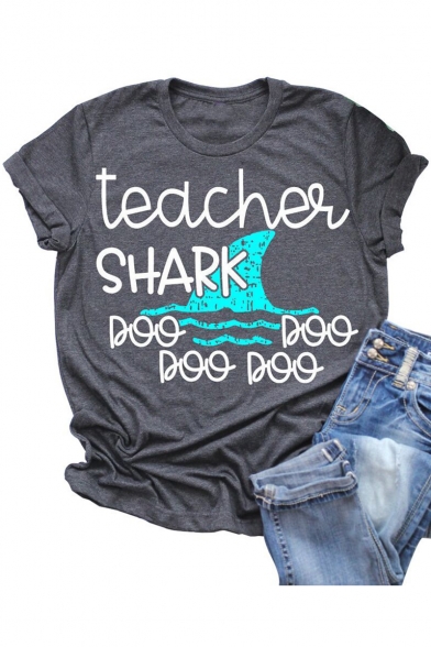 Fashion Letter TEACHER SHARK Printed Short Sleeve Loose Casual Grey T-Shirt