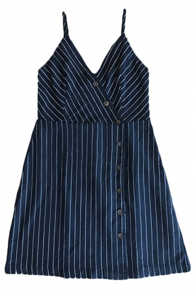 Fashion Vertical Striped Printed V-Neck Chic Button Front Mini Sheath Slip Dress