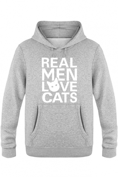 Funny Letter REAL MEN LOVE CATS Cartoon Cat Printed Long Sleeve Fitted Hoodie