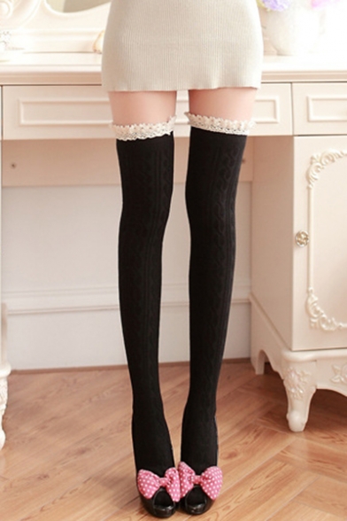 Girls Lovely Lace-Trimmed Retro Cable Knit Over the Knee Stockings