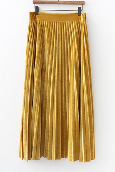 High Elastic Waist Velvet Midi Pleated Skirt