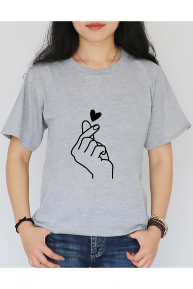 Hot Popular Gesture Heart Printed Short Sleeve Crewneck Loose Sports T-Shirt