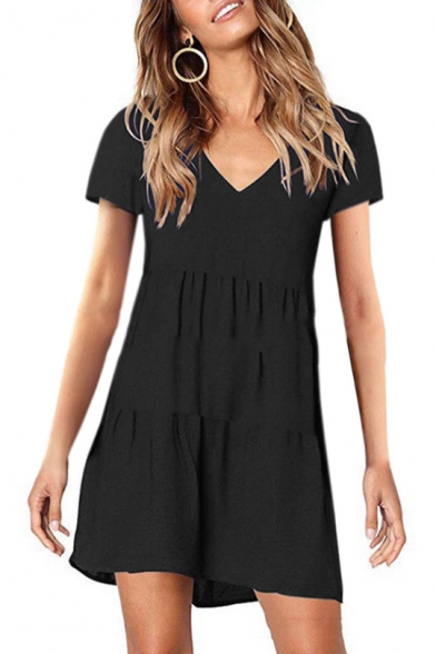 Hot Popular V-Neck Short Sleeve Simple Plain Mini A-Line Pleated Dress