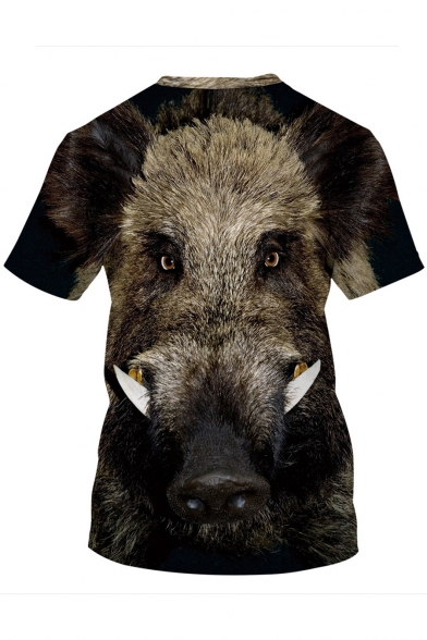 Khaki 3D Animal Bull Print Basic Crewneck Short Sleeve Loose Fit T-Shirt