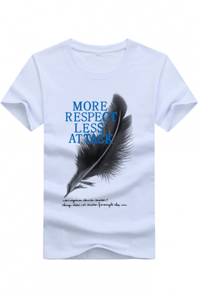 Letter MORE RESPECT LESS ATTACK Feather Print Summer Basic Short Sleeve Tee