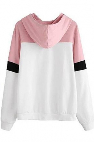 Loose Casual Stylish Colorblock Long Sleeve Pullover Drawstring Hoodie