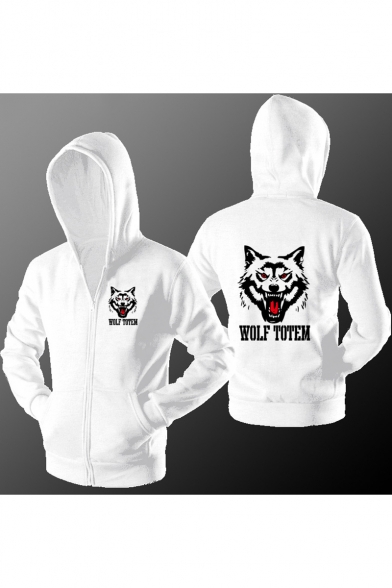 Men's Stylish Letter WOLF TOTEM Graphic Print Long Sleeve Full Zip Fit Hoodie