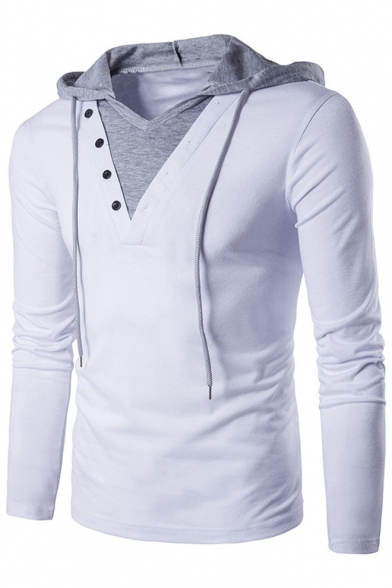 Men's Stylish Patchwork Button Embellished Long Sleeve Thin Slim Fitted Hoodie