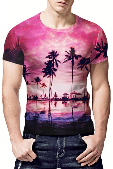 Nice 3D Sunset Glow Coconut Palm Print Fashion Fitted Purple T-Shirt