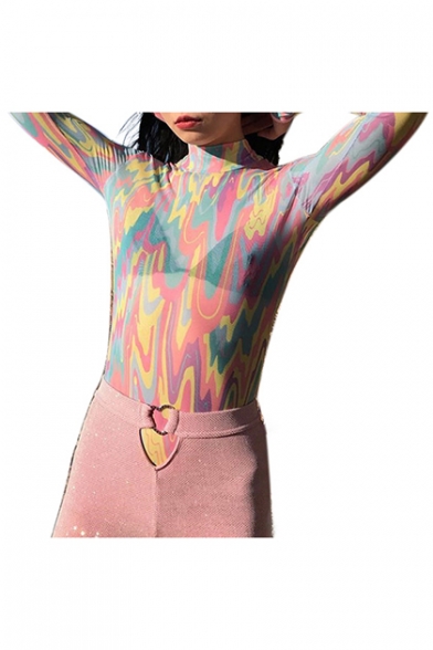 Popular Graffiti Long Sleeve High Neck Sexy Pink Bodysuit