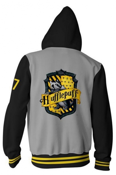 Popular Harry Potter University Logo Print Colorblock Long Sleeve Grey Zip Up Hoodie