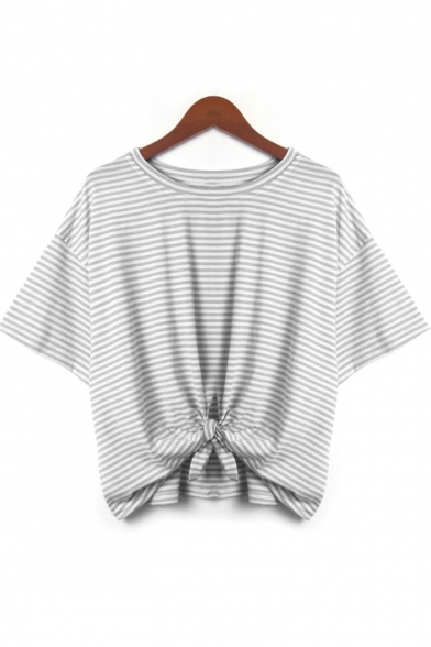 Round Neck Short Sleeve Fashion Pinstriped Print Knotted Hem Loose Leisure T-Shirt