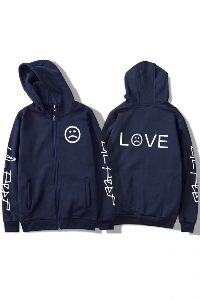 Street Style American Rapper Letter LOVE Sad Face Print Casual Zip Up Hoodie for Guys