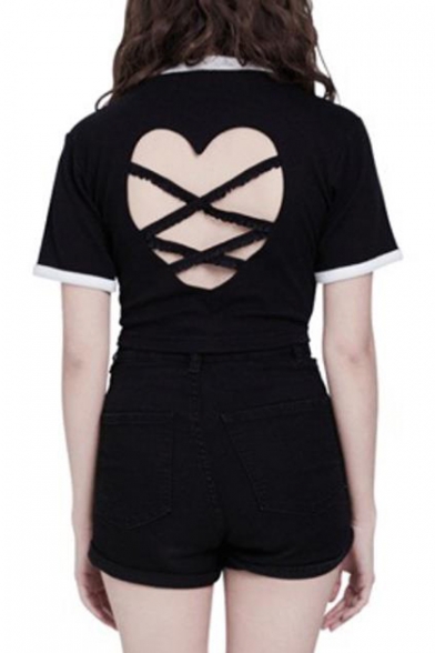 Stylish Heart-Shaped Hollow Out Back Short Sleeve Cropped T-Shirt for Girls