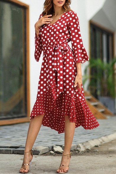 Stylish Polka Dot Printed V-Neck Flared Sleeve Bow-Tied Waist Midi Asymmetrical Dress