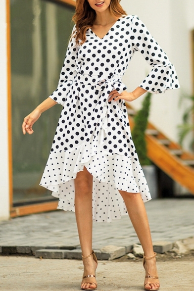 Stylish Polka Dot Printed V-Neck Flared Sleeve Bow-Tied Waist Midi Asymmetrical Dress