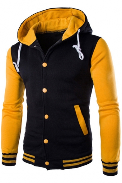 Teenage Fashion Colorblock Rib Trim Long Sleeve Button Down Varsity Jacket Cotton Hoodie