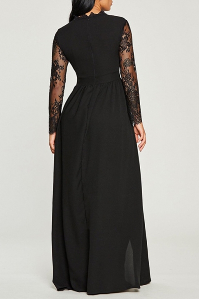 V Neck Sheer Long Sleeve Sexy Split Front Lace Patch Maxi A-Line Dress