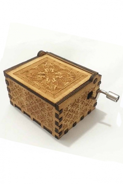 Vintage Letter Carved Khaki Wooden Hand Cranked Music Box