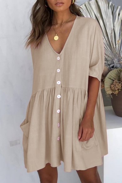 Women's Casual Plain V-Neck Short Sleeve Button Front Pleated Mini Shift Dress with Pocket