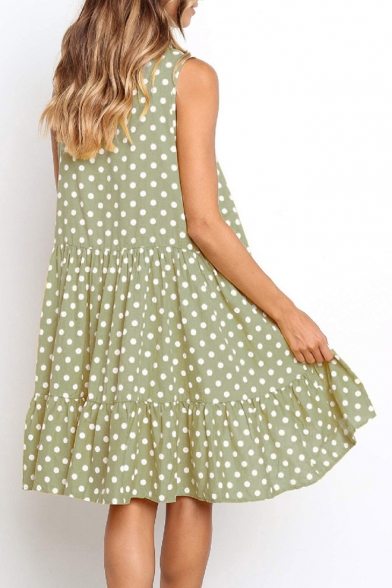Women's Fashion Polka Dot Printed Round Neck Sleeveless Ruffle Hem Midi Swing Dress
