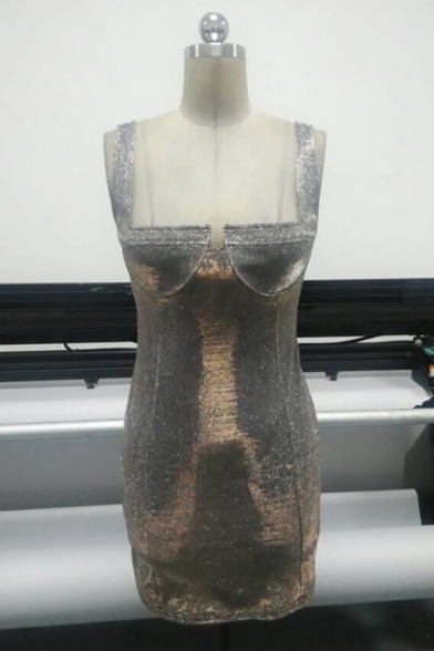 Women's Sexy Silver Plain Sequined Mini Bandage Dress for Party