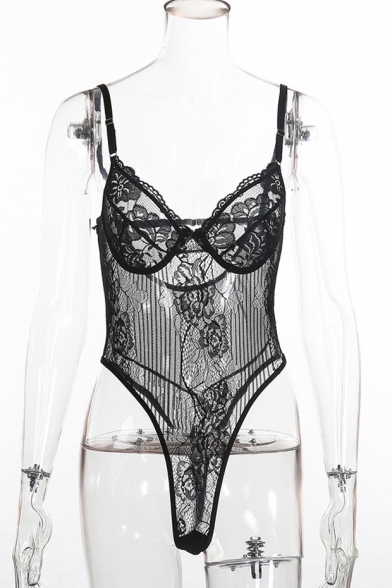 Women's Sexy Transparent Lace-Inserted Slim Fit Bodysuit