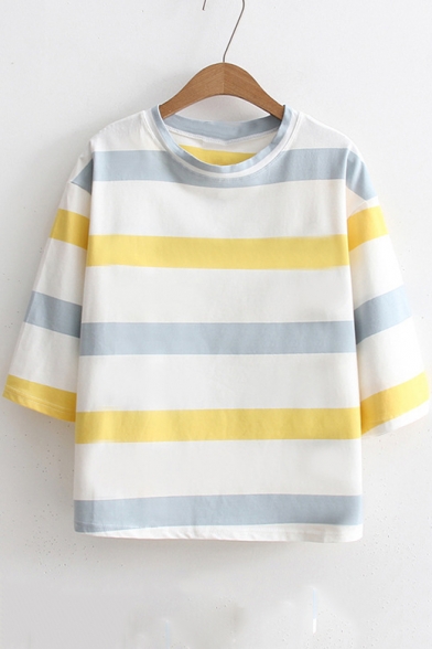 Basic Striped Printed Round Neck Three Quarter Sleeve Cotton Loose T-Shirt