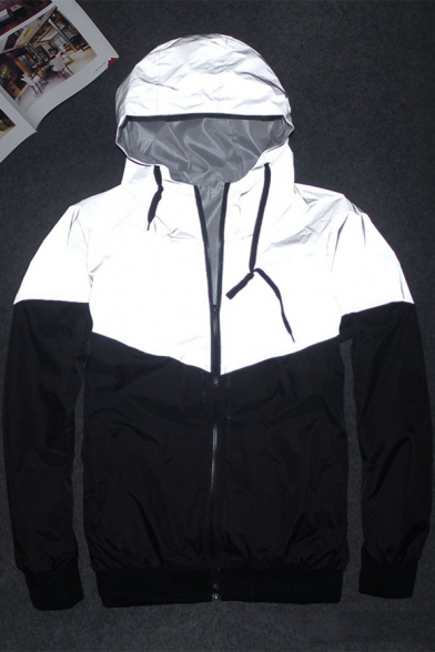 Colorblock Long Sleeve Zip Gray Reflective Hooded Coat