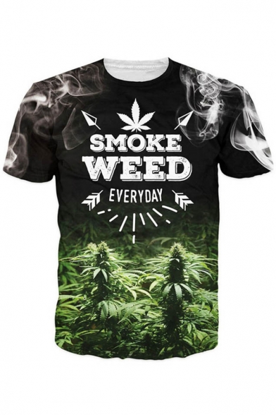 Cool 3D Letter SMOKE WEED Graphic Printed Crewneck Short Sleeve Black Fit T-Shirt